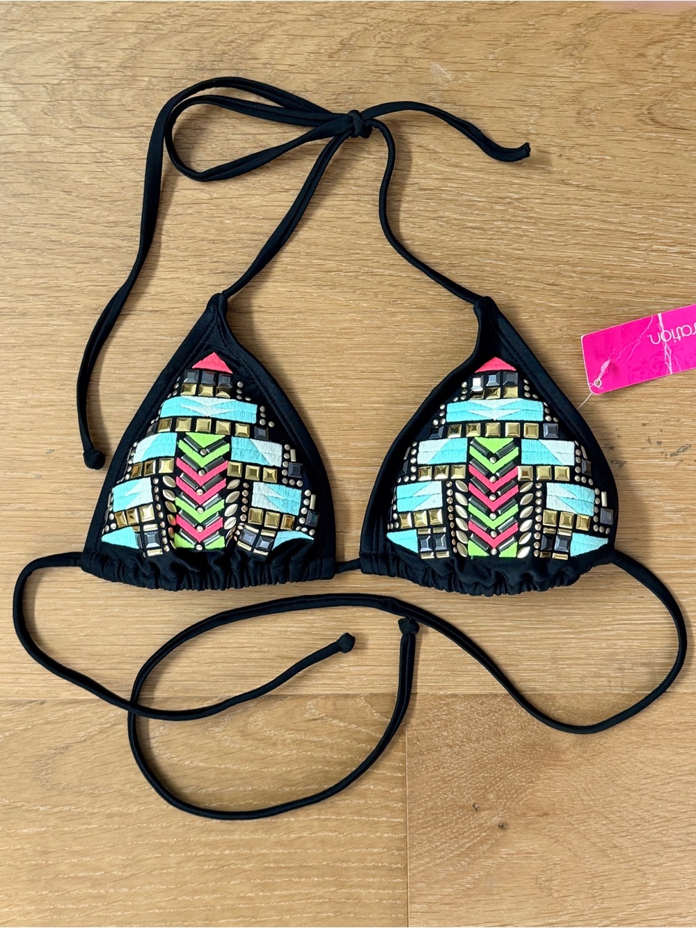 Xhilaration NWT Jeweled Beaded Aztec Embellished Triangle Bikini Top Black S